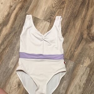 Yumiko white and purple stripe leotard